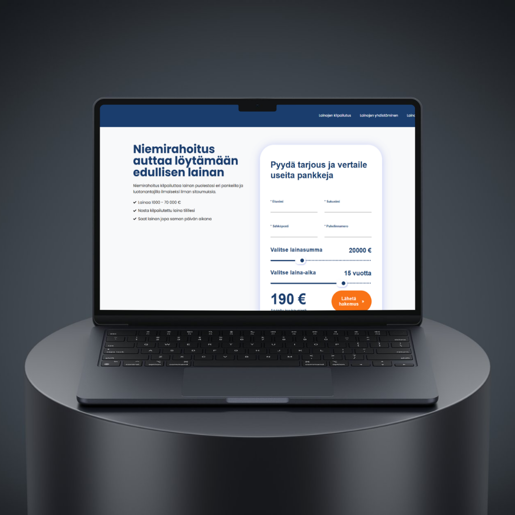 Hakukoneoptimointiprojekti Niemirahoitus.fi. Kuvassa Tietokone jossa näkyy Niemirahoitus.fi etusivu.